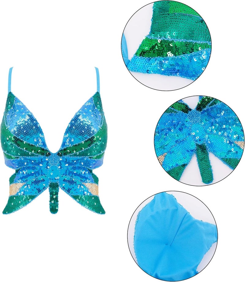 Mocure Womens Glitter Sequin Butterfly Crop Top Low-Cut Tank Top Rave Tube Vest Top for Belly Dance Costume Outfits - Image 5